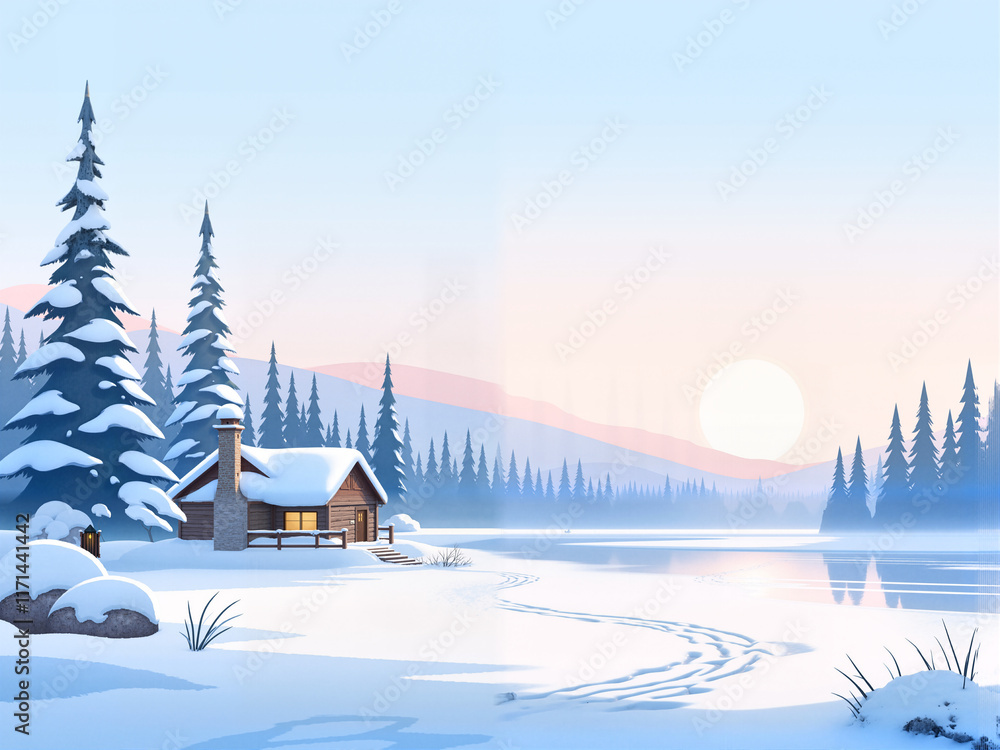 Fototapeta premium A serene winter landscape at dawn, with soft pastel colors in the sky. Snow-covered pine trees line the horizon, and the ground is blanketed in a thick layer of fresh, untouched snow. A frozen lake re