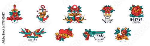 Old School Traditional Tattoos Emblem Vector Set