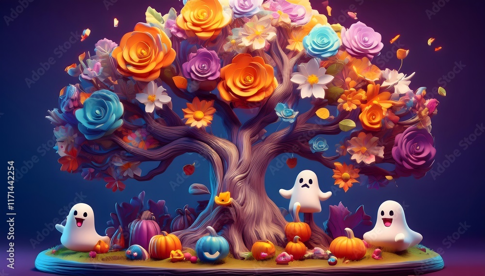 Festive Halloween Tree Ghosts Pumpkins Colorful Flowers Festive Halloween Tree Ghosts Pumpkins Colorful Flowers