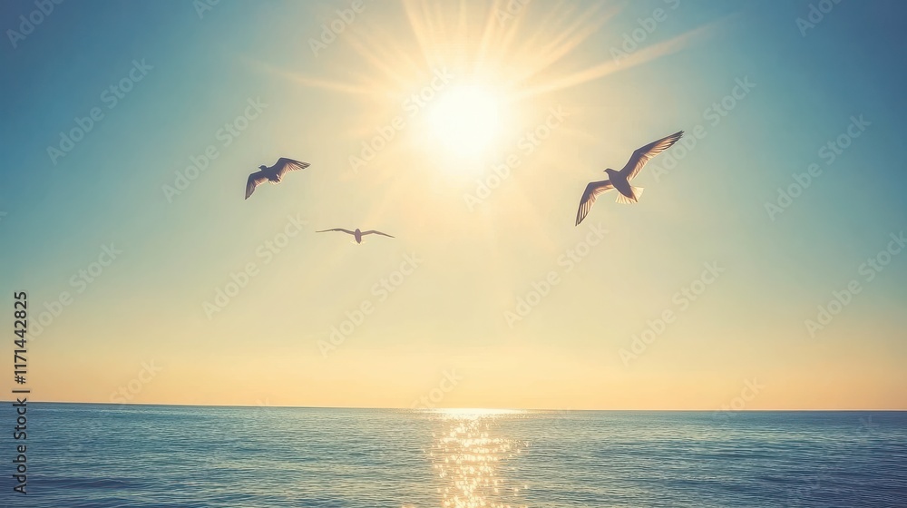 Soaring Birds in Bright Sunlight Over Ocean Waters