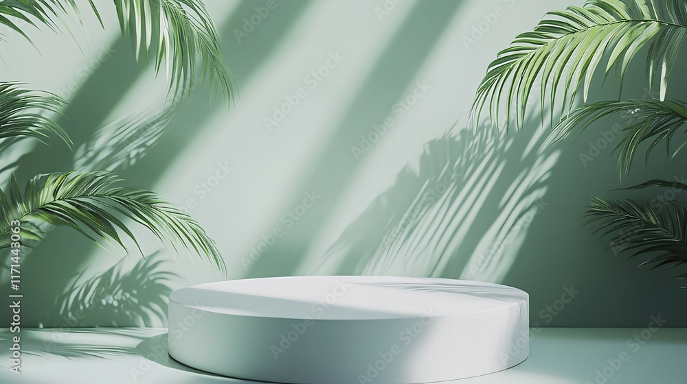 White round podium with palm leaves and sunlight shadows on a light green background. White round podium with palm leaves and sunlight shadows on a light green background.