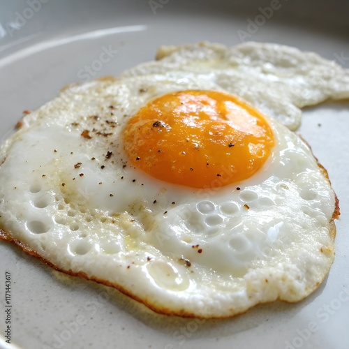 Image of a single fried egg on a flat surface, yolk runny, slightly overcooked edges, bubbly white, food photograph photo