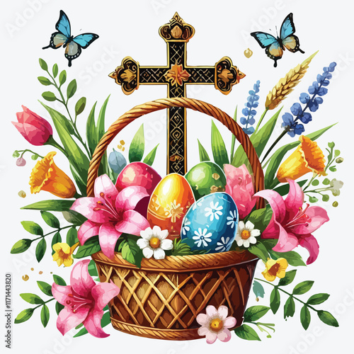 Cross crown Easter egg flower basket watercolor stock illustration