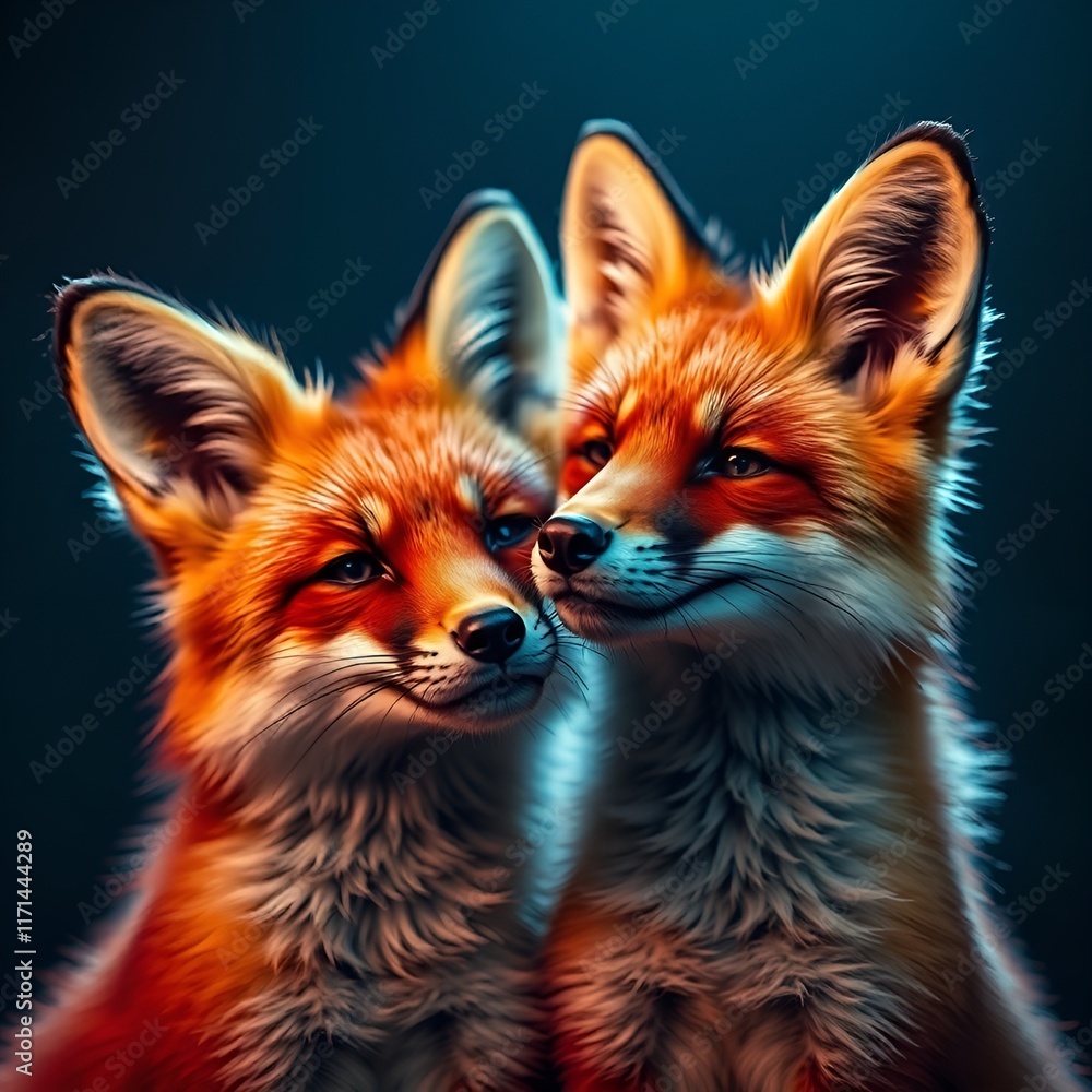Obraz premium Romantic fox couple with affectionate expressions close to each other against a dark background