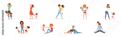 Exhausted Mom and Dad with Hyperactive Child Claiming Attention Vector Set
