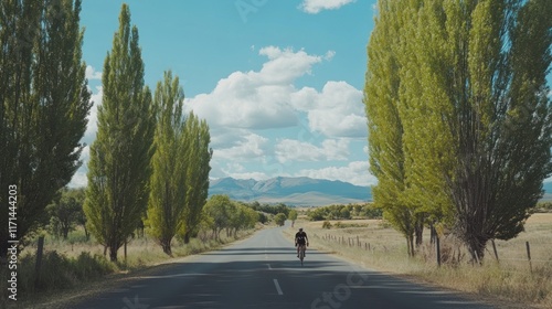 Cyclist riding on scenic road lined with tall trees, mountains in the background.