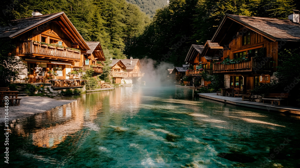 Fototapeta premium Picturesque village nestled beside a calm river.