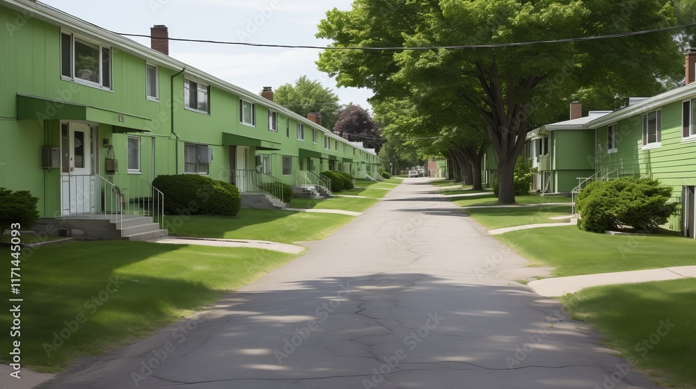 Minimalist street scene with black asphalt roads, grey sidewalks, white houses, and greenery Minimalist street scene with black asphalt roads, grey sidewalks, white houses, and greenery