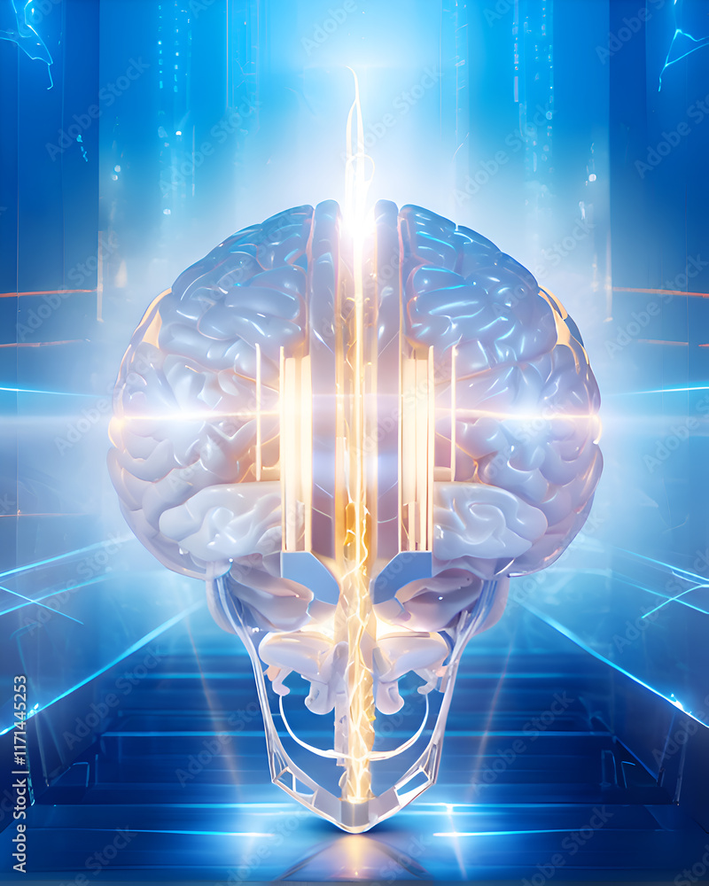 visual concept of Artificial intelligence, Ai digital brains against blue background. Ai generated.