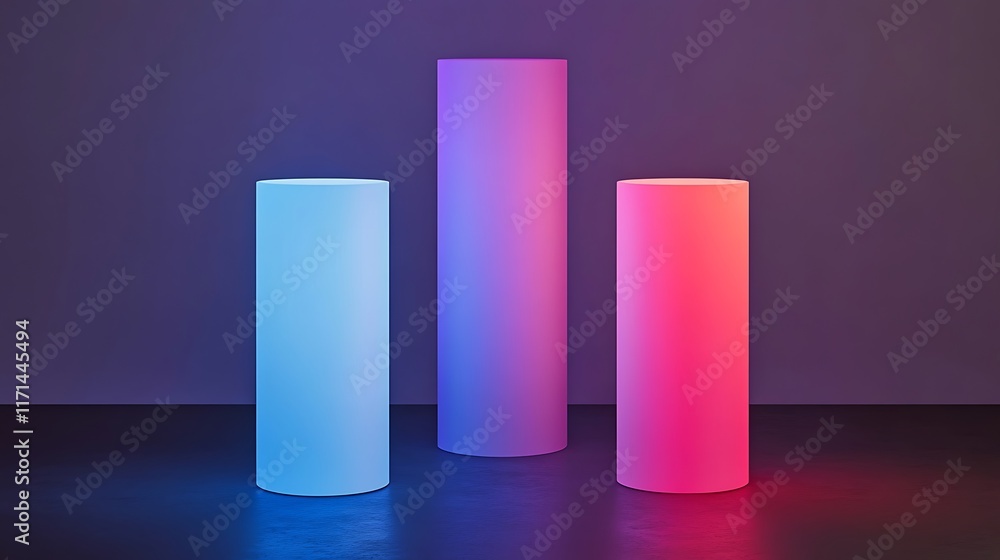 Three Illuminated Cylinders Stand Against A Purple Wall Three Illuminated Cylinders Stand Against A Purple Wall