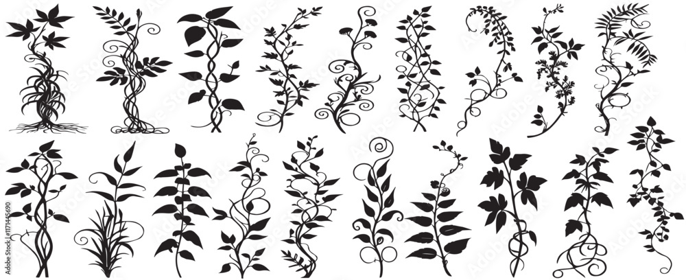 Set with silhouettes of detailed plants isolated on white background. Vector Set with silhouettes of detailed plants isolated on white background. Vector