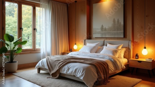 Wallpaper Mural A cozy bedroom with large windows, soft bedding, and warm wooden accents, offering a calm and peaceful escape Torontodigital.ca
