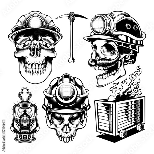 SET SKULL VECTOR MINING GOLD 