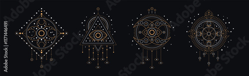 Sacred Geometric Symbol with Eye, Dreamcatcher and Figure Vector Set