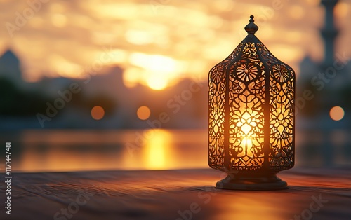 Illuminated lantern at sunset. photo