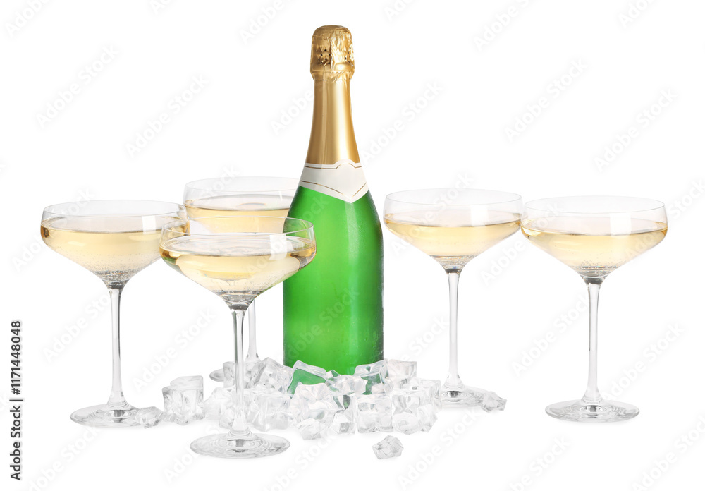 Bottle and glasses of champagne with ice cubes isolated on white Bottle and glasses of champagne with ice cubes isolated on white