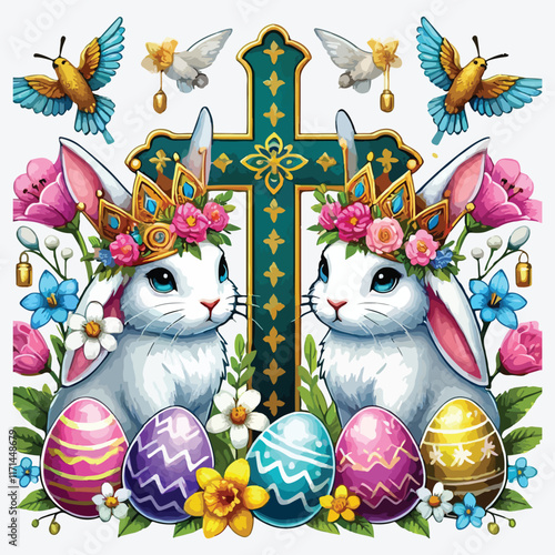 Cross egg crown rabbit Easter flower chick stock illustration