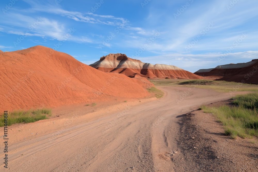 A dirt road winds through a desert landscape. The road is narrow and rocky, with a few patches of grass growing along the sides. The sky is clear and blue, and the sun is shining brightly A dirt road winds through a desert landscape. The road is narrow and rocky, with a few patches of grass growing along the sides. The sky is clear and blue, and the sun is shining brightly