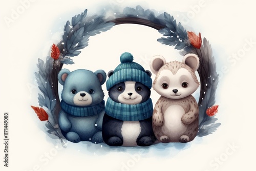 Charming card design featuring adorable animal illustrations  teddy bear, bunny, and panda photo