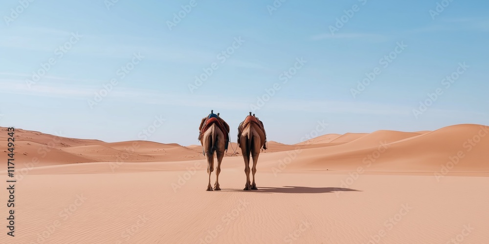 Two camels standing in a desert with a blue sky in the background. The desert is vast and empty, with no other signs of life Two camels standing in a desert with a blue sky in the background. The desert is vast and empty, with no other signs of life