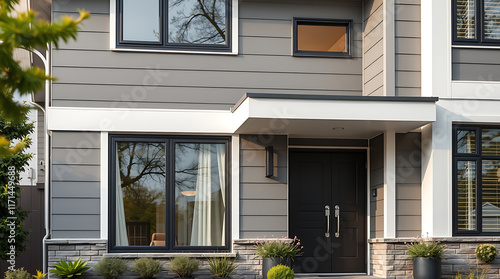 A contemporary two-story house exterior with gray siding, white trim, and black windows and door.  Landscaping includes small plants and shrubs in front.