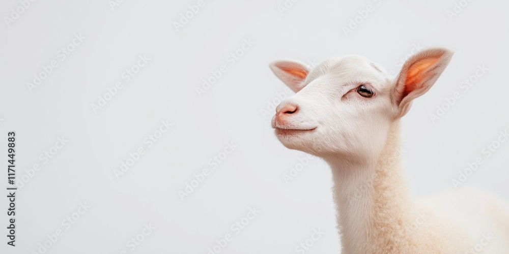 Obraz premium A white sheep with its head turned to the side. The sheep is looking at the camera and he is smiling