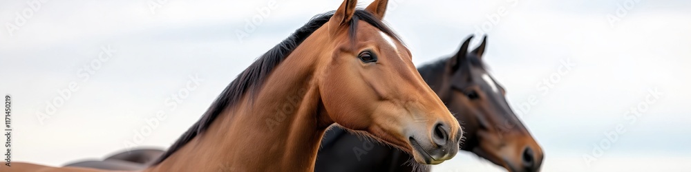 Obraz premium Two horses standing next to each other with one of them looking at the camera. The other horse is looking away