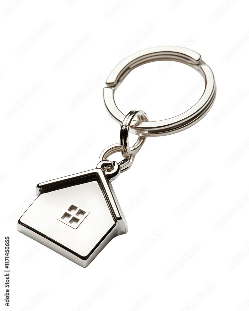 Polished silver keychain with a house-shaped charm, lying on a clean white background, perfect for product display or real estate promotions.
Polished silver keychain with a house-shaped charm, lying on a clean white background, perfect for product display or real estate promotions.
