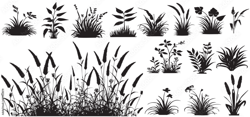 Set of ground cover elements. Grass line cad and silhouette. Bush grass shrub herb silhouette vector Set of ground cover elements. Grass line cad and silhouette. Bush grass shrub herb silhouette vector