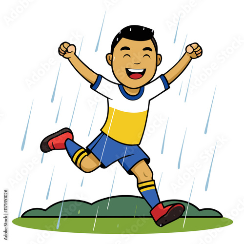 boy playing football rain