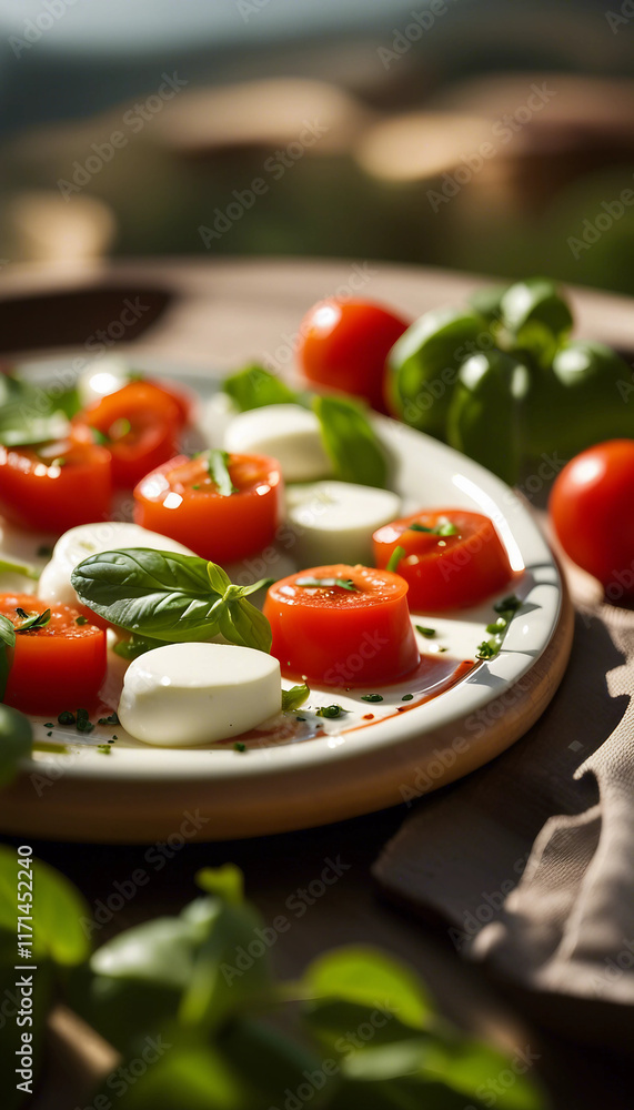 A fresh Caprese salad with juicy tomatoes, mozzarella cheese, and basil, enhanced by olive oil. Captured outdoors near a scenic coastal setting under warm evening light, emphasizing its culinary appea A fresh Caprese salad with juicy tomatoes, mozzarella cheese, and basil, enhanced by olive oil. Captured outdoors near a scenic coastal setting under warm evening light, emphasizing its culinary appea