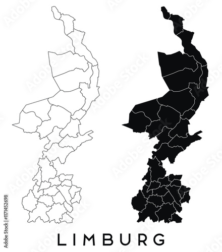 Limburg, Netherlands map of regions districts vector black on white and outline