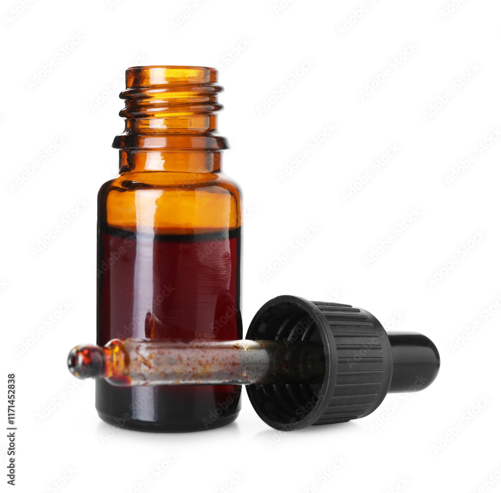 Bottle of topical iodine with pipette isolated on white Bottle of topical iodine with pipette isolated on white
