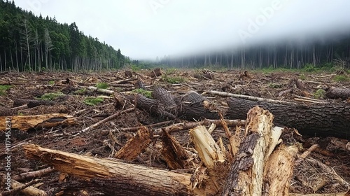 Deforestation habitat crisis concept. Deforested land with tree stumps under a cloudy sky. photo