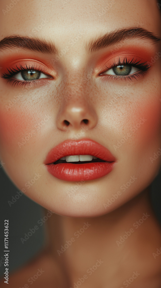 Beauty portrait of woman with red eye makeup and red lipstick, serious expression Beauty portrait of woman with red eye makeup and red lipstick, serious expression