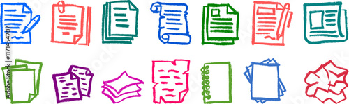 Paper and Document Related Icons Crayon Chalk Drawing Vector Set