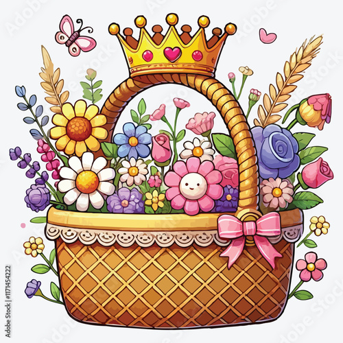 Cute basket straw with flowers garden and crown stock illustration
