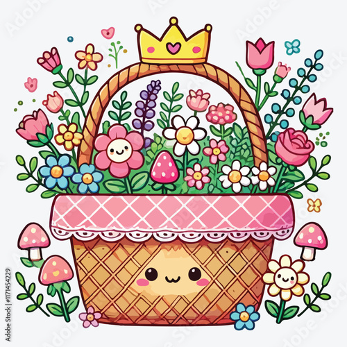 Cute basket straw with flowers garden and crown stock illustration