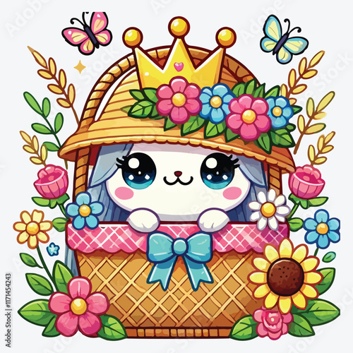 Cute basket straw with flowers garden and crown stock illustration