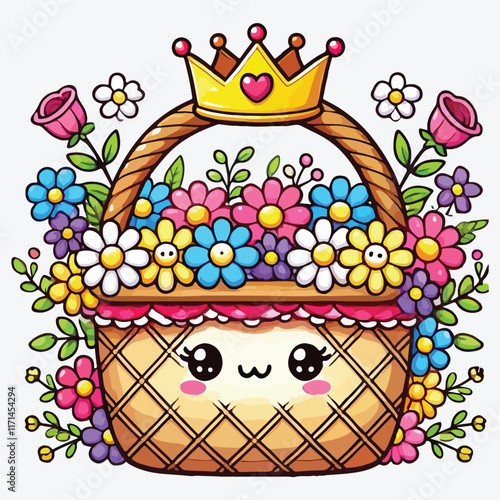Cute basket straw with flowers garden and crown stock illustration