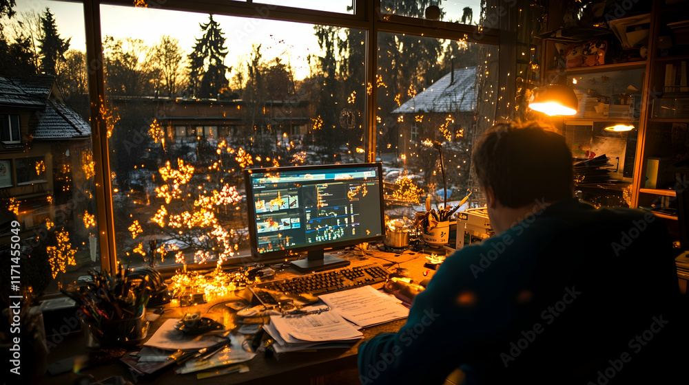 Obraz premium Man working at computer in home office with sunset view.