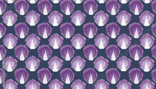 Seamless pattern with purple cabbage on dark blue background. Vector illustration.