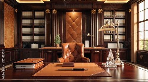 Luxurious home office with leather chair and wooden shelves. photo