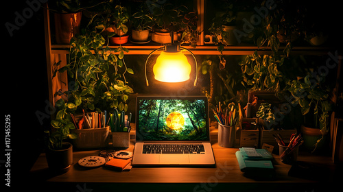 Laptop screen shows forest scene on a dimly lit desk surrounded by plants.