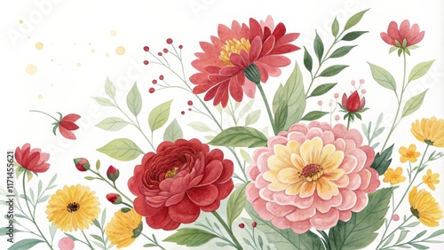 Wallpaper Mural Watercolor Floral Composition Red, Pink, and Yellow Dahlias with Greenery Torontodigital.ca