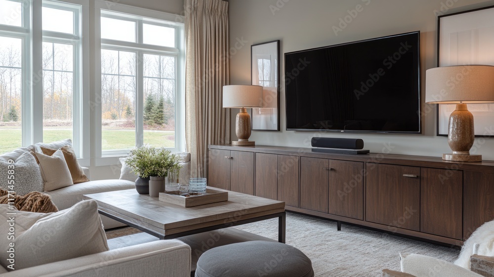 Fototapeta premium Modern living room with large windows, sofa, TV, and wooden cabinet.