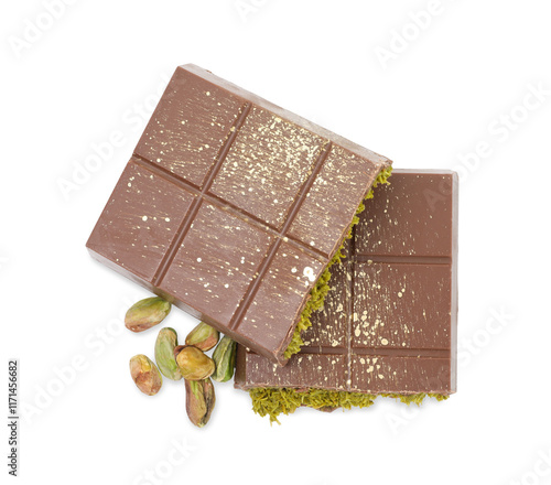 Pieces of tasty Dubai chocolate bar with pistachios and knafeh isolated on white, top view photo