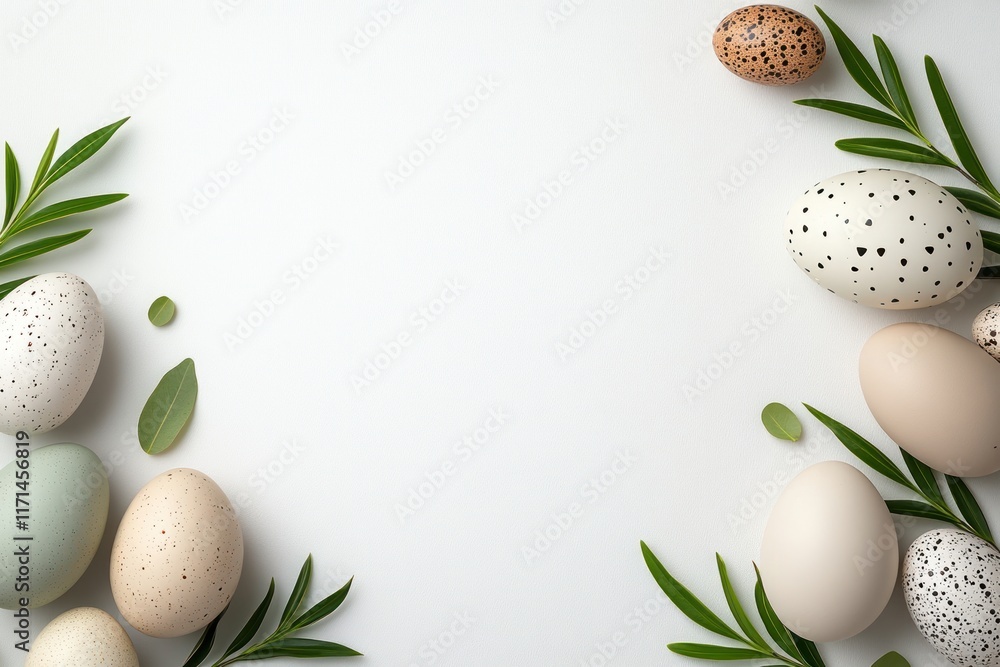 Easter Flat Lay: Colorful Eggs and Branches with Green Leaves on Light Background