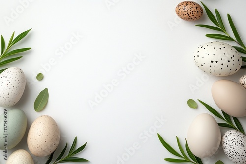 Obraz na płótnie Easter Flat Lay: Colorful Eggs and Branches with Green Leaves on Light Background w salonie