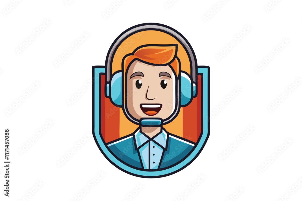 Illustration of a podcast host icon with headphones and a microphone, ideal for media, audio production, or podcast design concepts Illustration of a podcast host icon with headphones and a microphone, ideal for media, audio production, or podcast design concepts